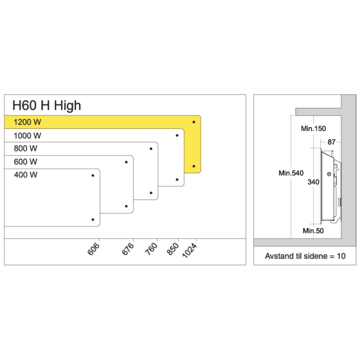 Glamox H60 H elradiator, 230V, 1200W, sort, 15-19 m²