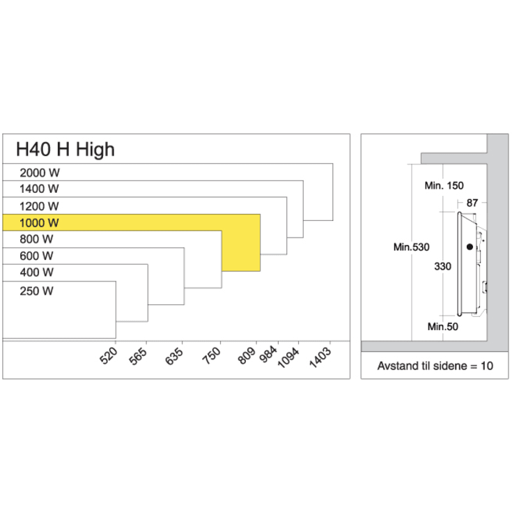 Glamox H40 H el-radiator, 1000W/230V, 15 m²