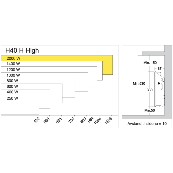 Glamox H40 H el-radiator, 2000W/230V, 30 m²
