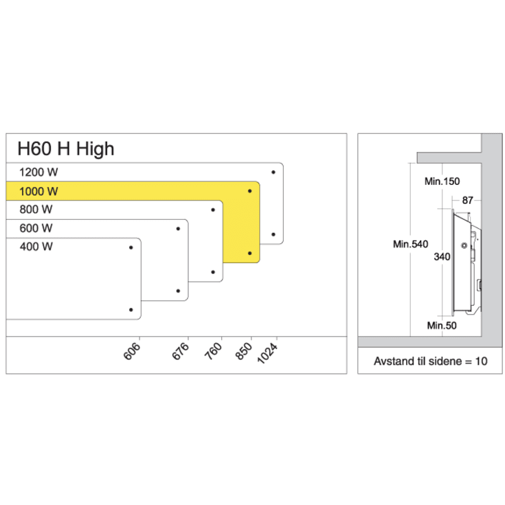 Glamox H60 H el-radiator, 1000W/230V, hvid, 15 m²