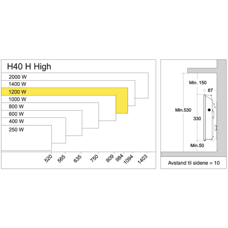 Glamox H40 H el-radiator, 1200W/230V, 18 m²
