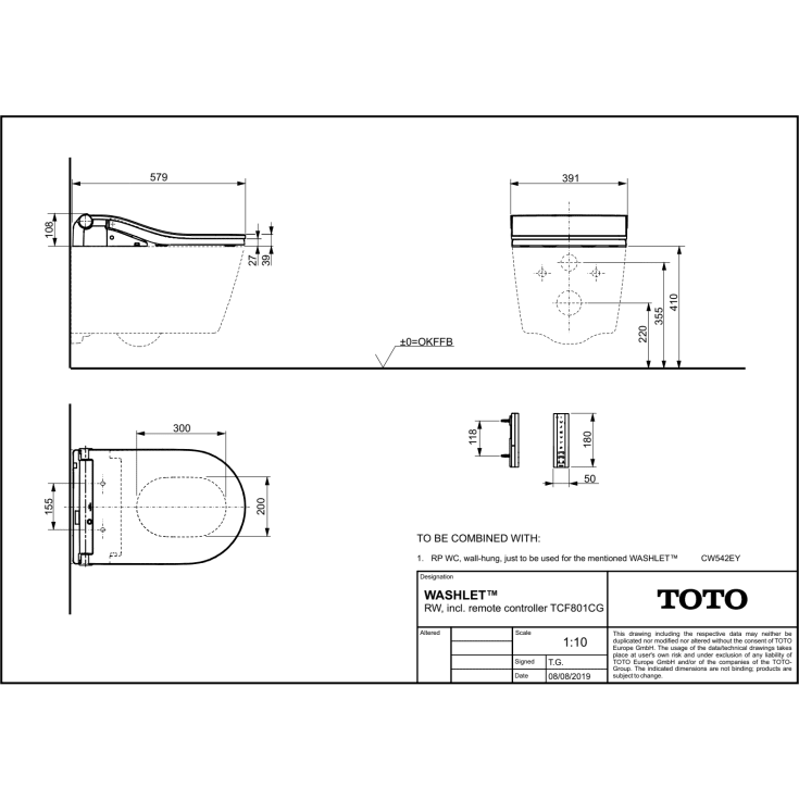 Toto Washlet RW douchetoilet, uden skyllekant, rengøringsvenlig, hvid