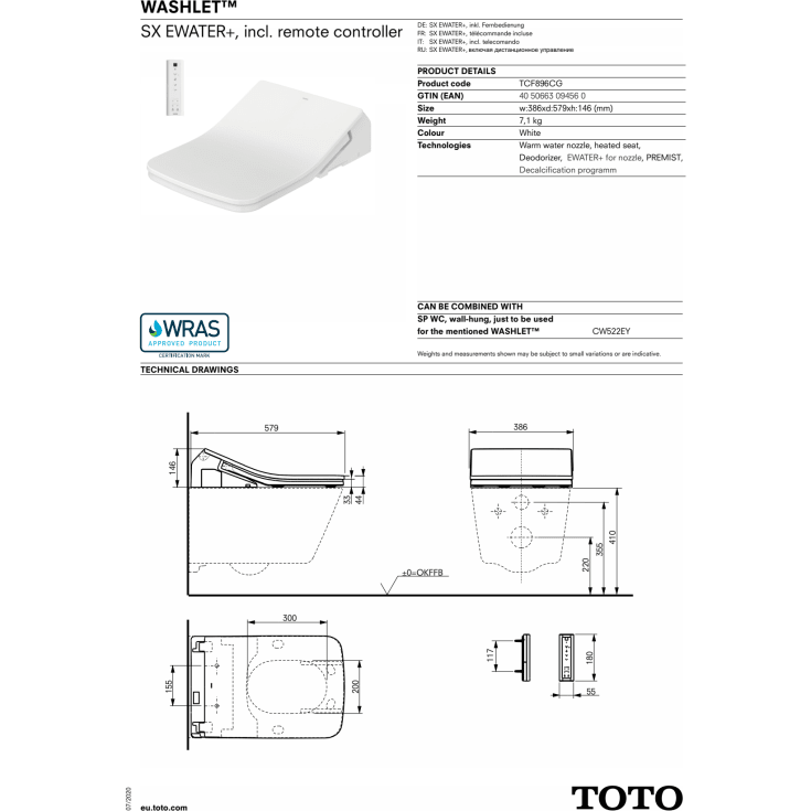 Toto Washlet SW douchetoiletpakke, rengøringsvenlig, hvid/børstet rustfrit stål
