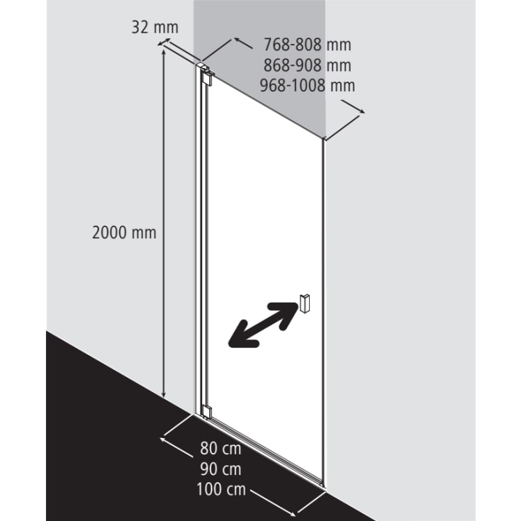 Kermi Raya 1WL brusedør, 86,8 cm, venstre, til niche eller TWD, halvfrostet glas, aluminium profil