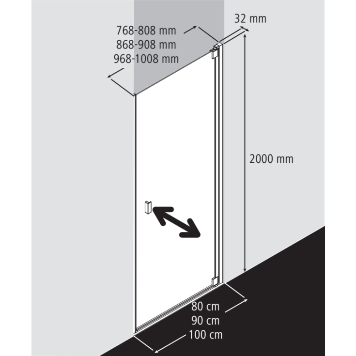 Kermi Raya 1WR duschdörr, 96,8 cm, höger, till nisch eller TWD, halvfrostat glas, aluminium profil