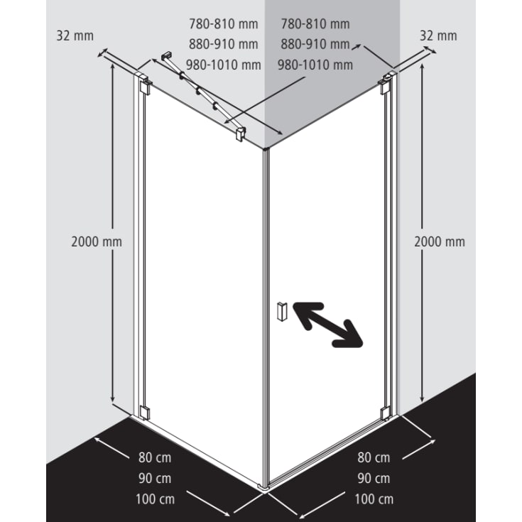 Kermi Raya 1KR brusedør, 88 cm, højre, til TOR, halvfrostet glas, aluminium profil