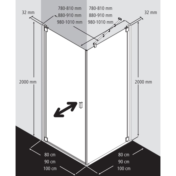 Kermi Raya TOR brusevæg, 78 cm, højre, til 1KR, klart glas, aluminium profil