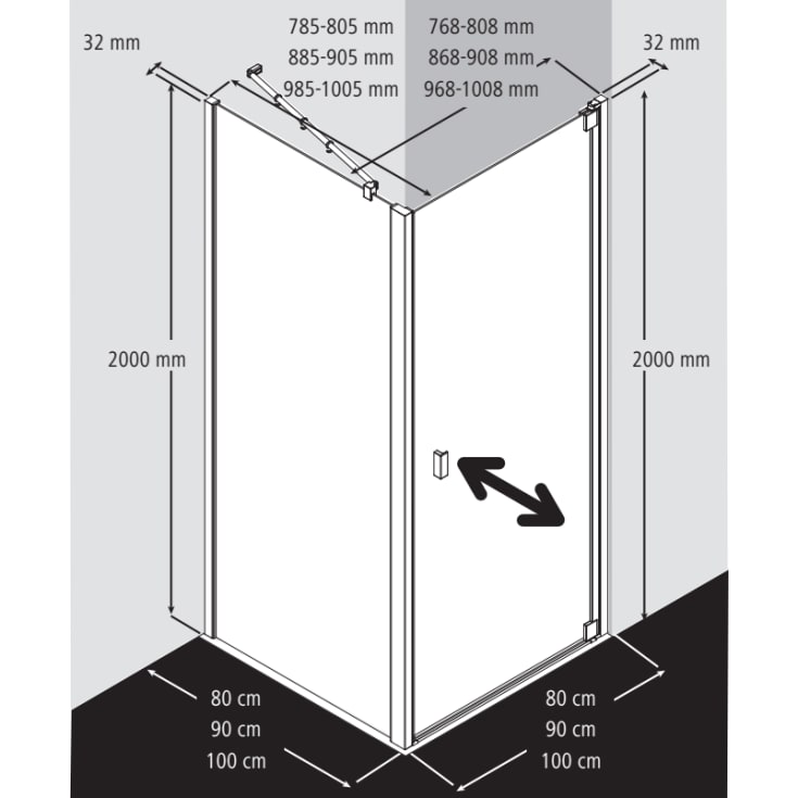 Kermi Raya TWD brusevæg, 78,5 cm, til 1WR/1WL, halvfrostet glas, aluminium profil