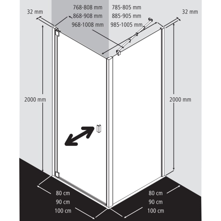 Kermi Raya TWD brusevæg, 78,5 cm, til 1WR/1WL, halvfrostet glas, aluminium profil