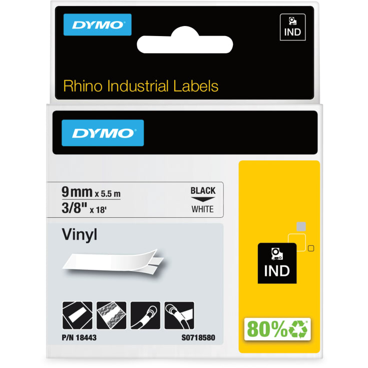 DYMO® Rhino-tape, vinyl, 9 mm x 5,5 m, svart på hvitt