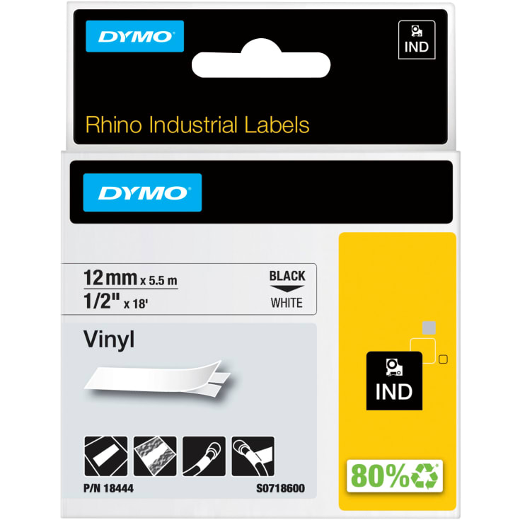 DYMO® Rhino tejp 12 mm, svart på vitt