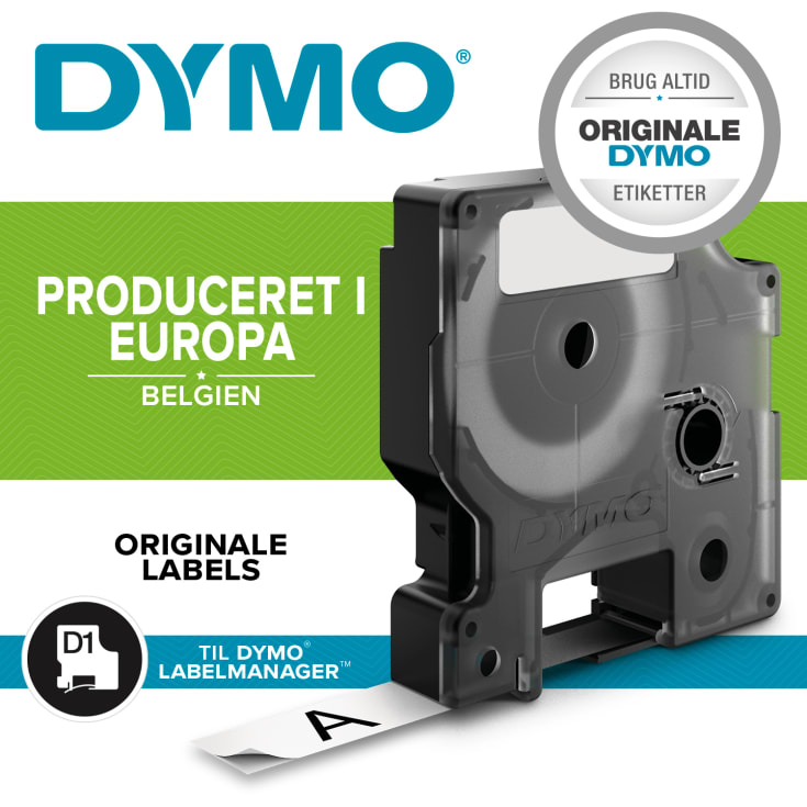 DYMO® D1 slitesterk tape, 12 mm, svart på hvitt