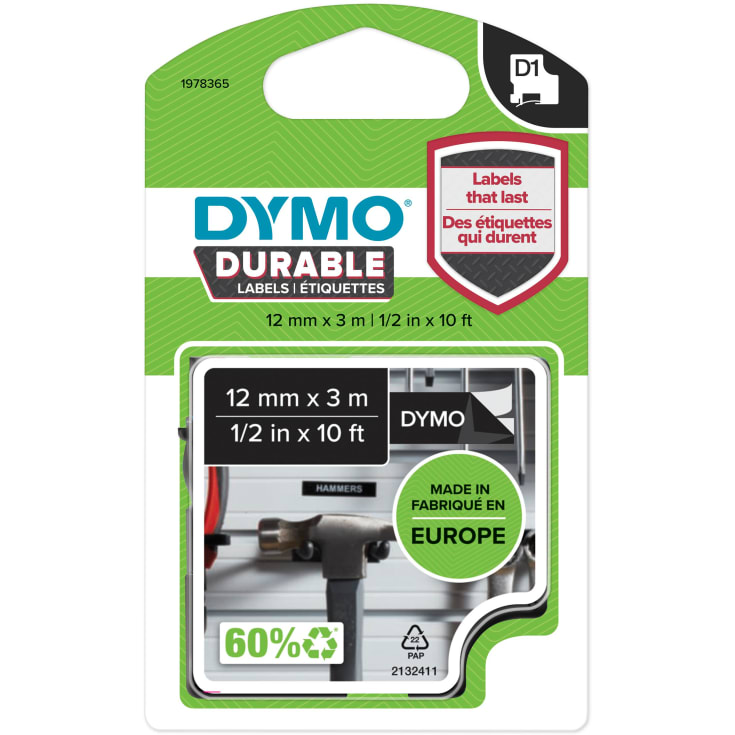 DYMO® D1 Durable tape, 12 mm, hvid på sort