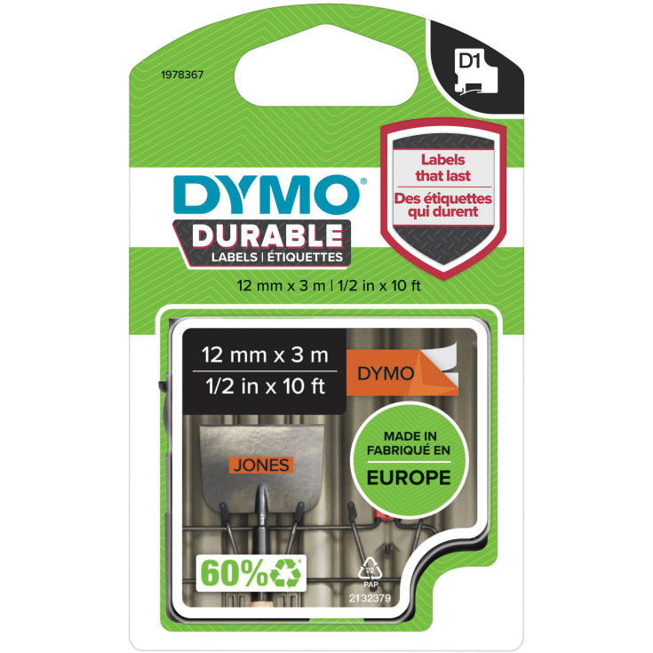 DYMO® D1 Durable tape, 12 mm, sort på orange