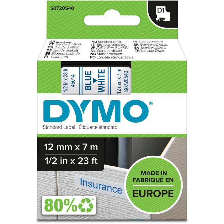 DYMO® D1 tejp 12 mm, blå/vit