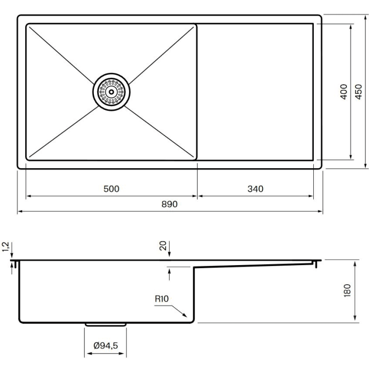 Tapwell TA8140 diskbänk, 89x45 cm, svart krom