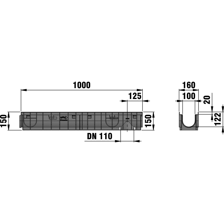 NID Basic Line avløpsrenne 100 cm, uten avløp, med rist og ramme, 12,5 T