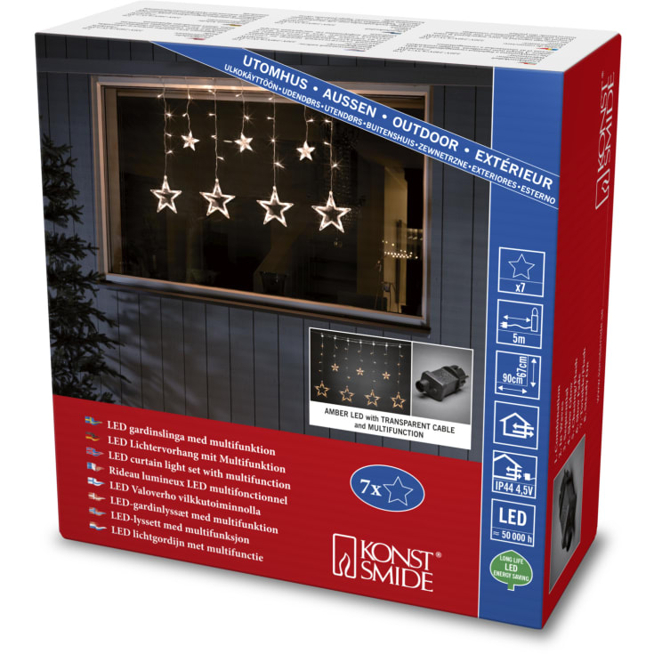 Konstsmide ljusgardin utomhus, 7 bärnstensfärgade ljus, stjärnor