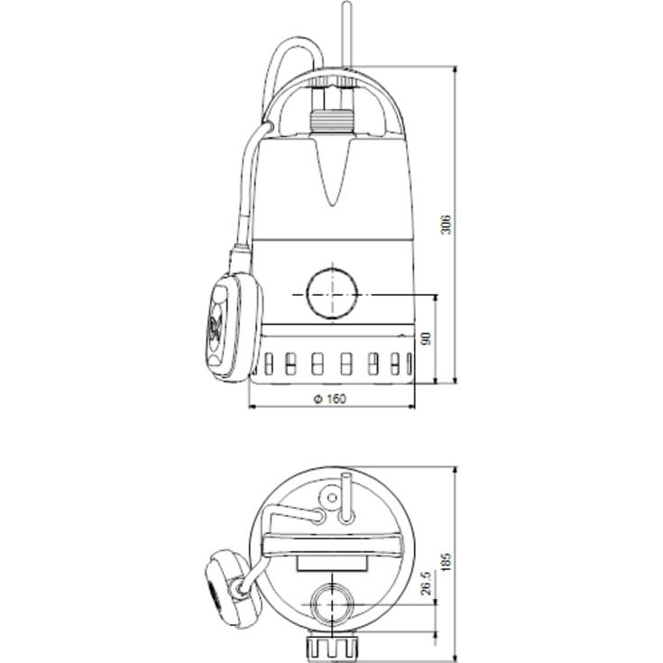 Multiboks med Grundfos dreneringspumpe, filterboks, 15 m. slange og tilhørende adapter
