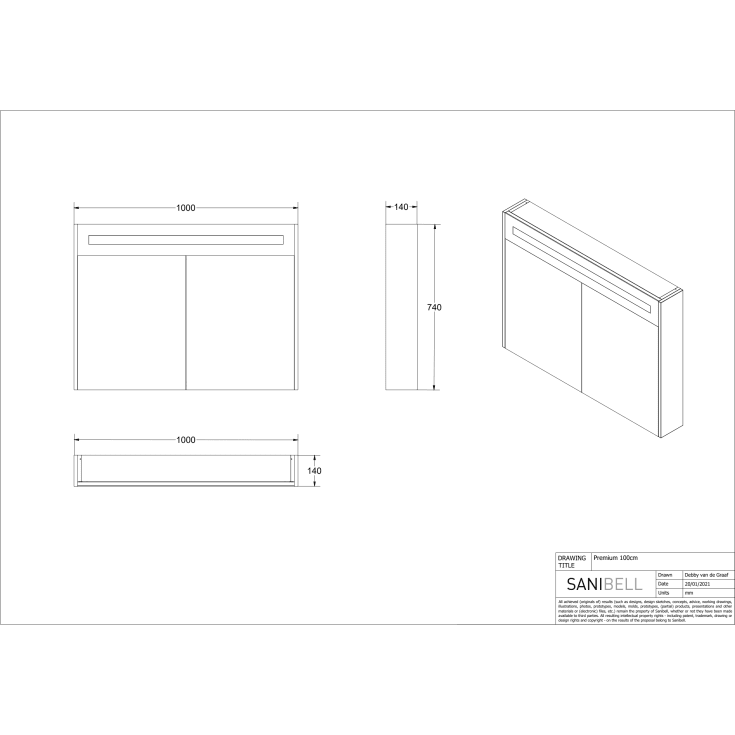 Sanibell Proline spejlskab med lys, 100x74 cm, rå eg