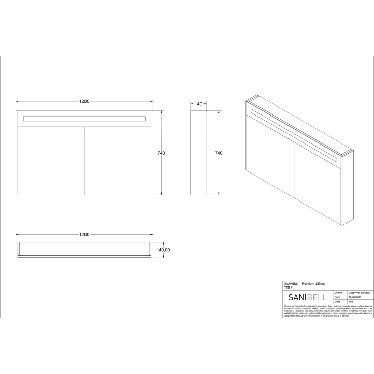 Sanibell Proline spejlskab med lys, 120x74 cm, rå eg