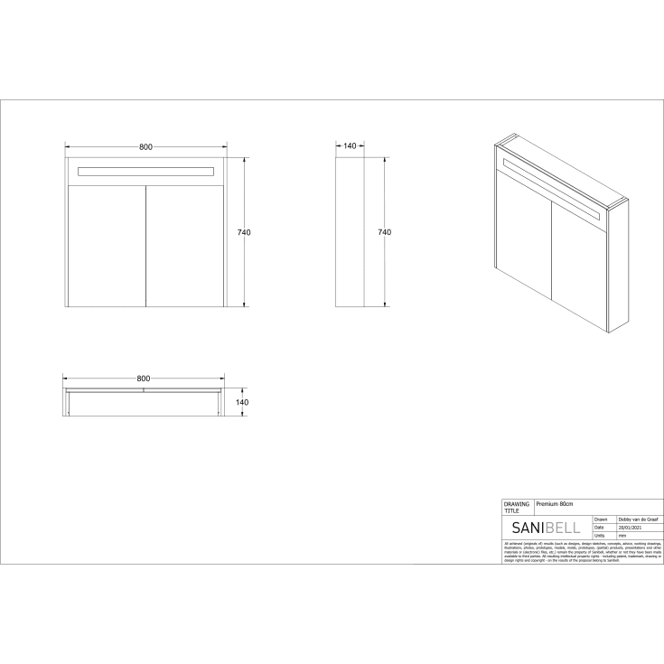 Sanibell Proline spejlskab med lys, 80x74 cm, mat hvid