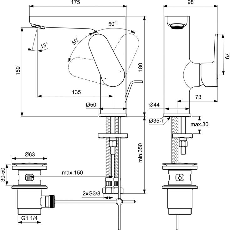 Ideal Standard Cerafine O H155 håndvaskarmatur, mat sort