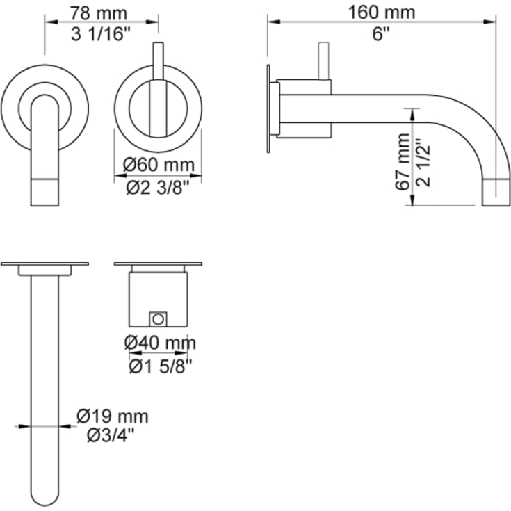 Vola 111X servantbatteri for innbygging, 160 mm tut, blander høyre, krom