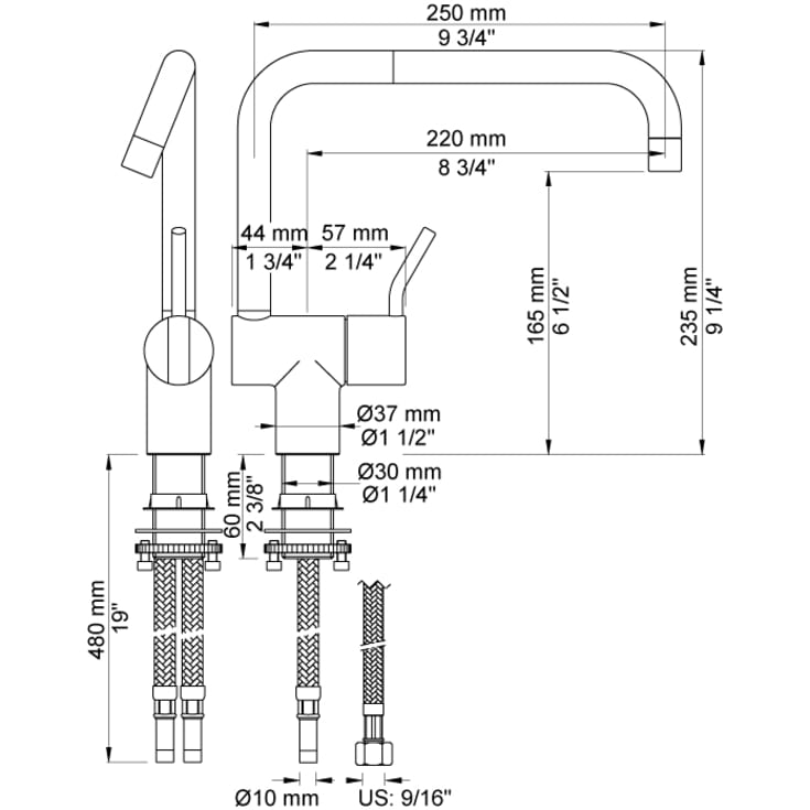 Vola KV1/250 Kjøkkenbatteri, lang tut, dobbel svingbar tut, medium grep, børstet krom