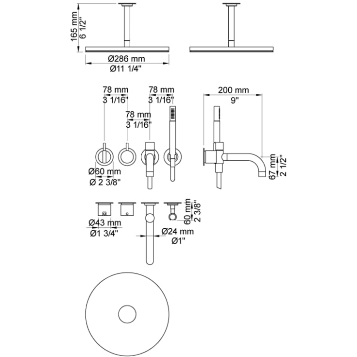 Vola 2441DT8-081 kar/dusjbatteri, tut, takdusj og hånddusjj, messing