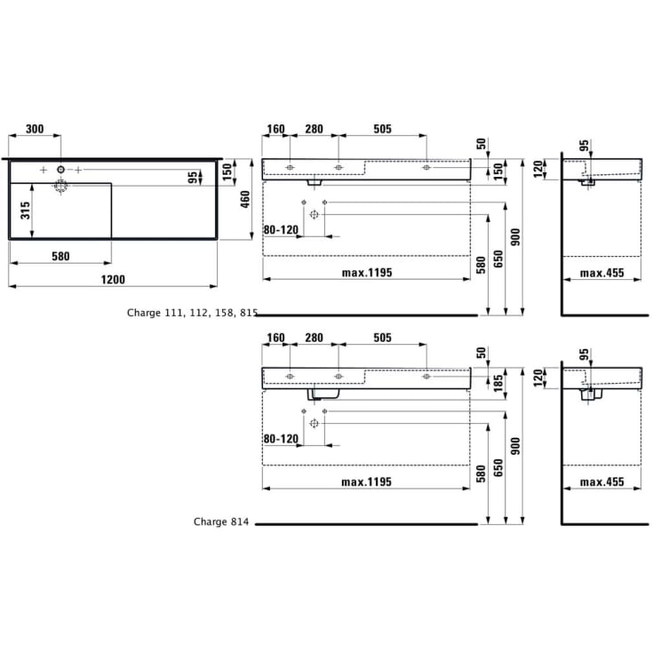 Kartell Laufen servant, 120x46 cm, venstre, matt hvit