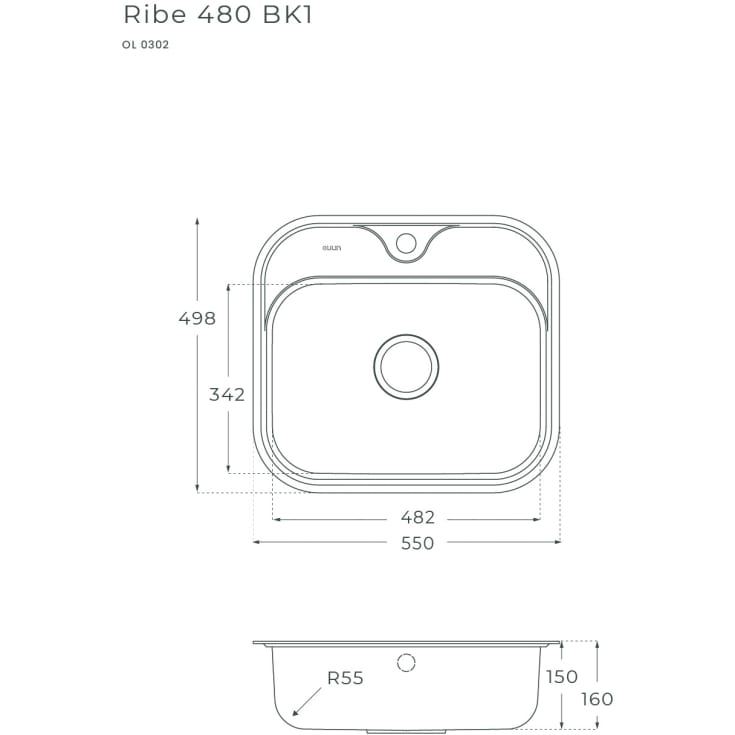 Secher Ribe køkkenvask, 55x49,8 cm, rustfrit stål