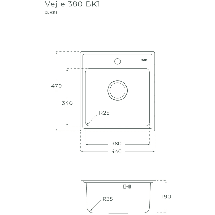 Secher Vejle BK1 køkkenvask, 44x47 cm, rustfrit stål