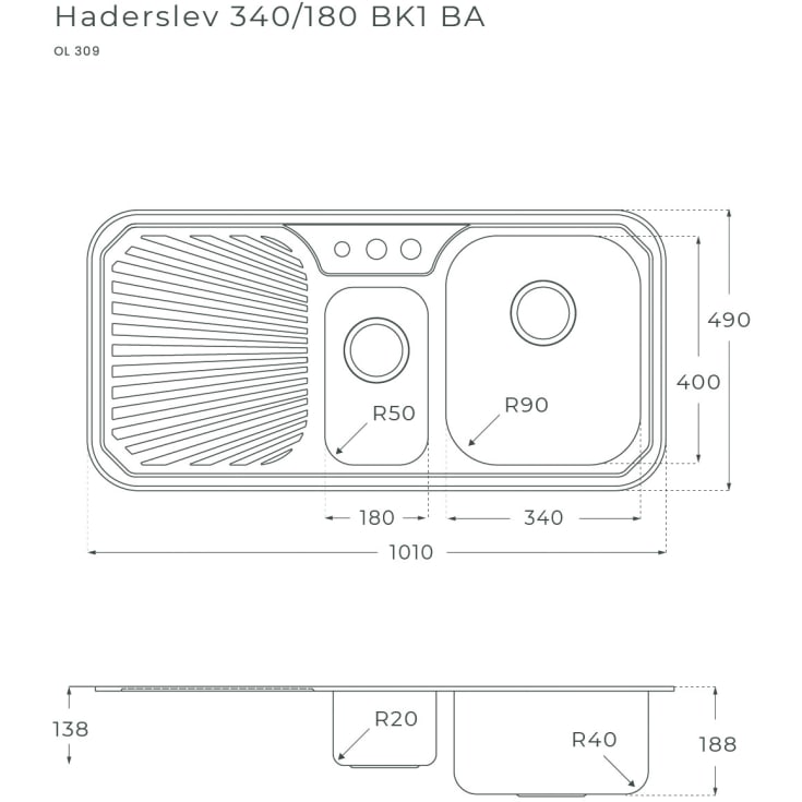 Secher Haderslev køkkenvask, 101x49 cm, rustfrit stål