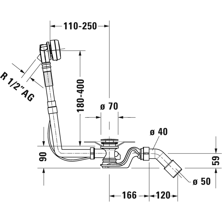 Duravit Quadroval af- & overløbssæt, 53 cm, krom