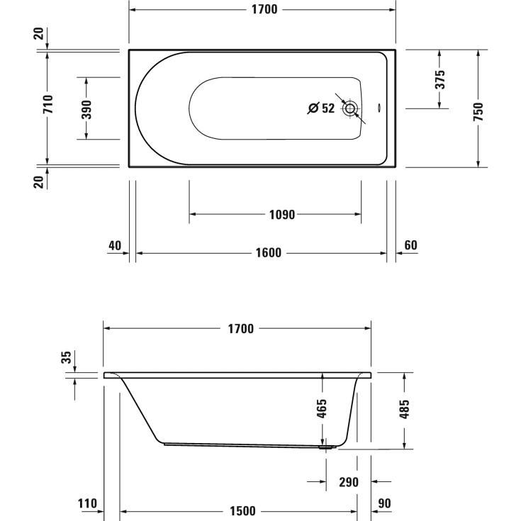 Duravit D-Neo badekar, 170x75 cm, hvit