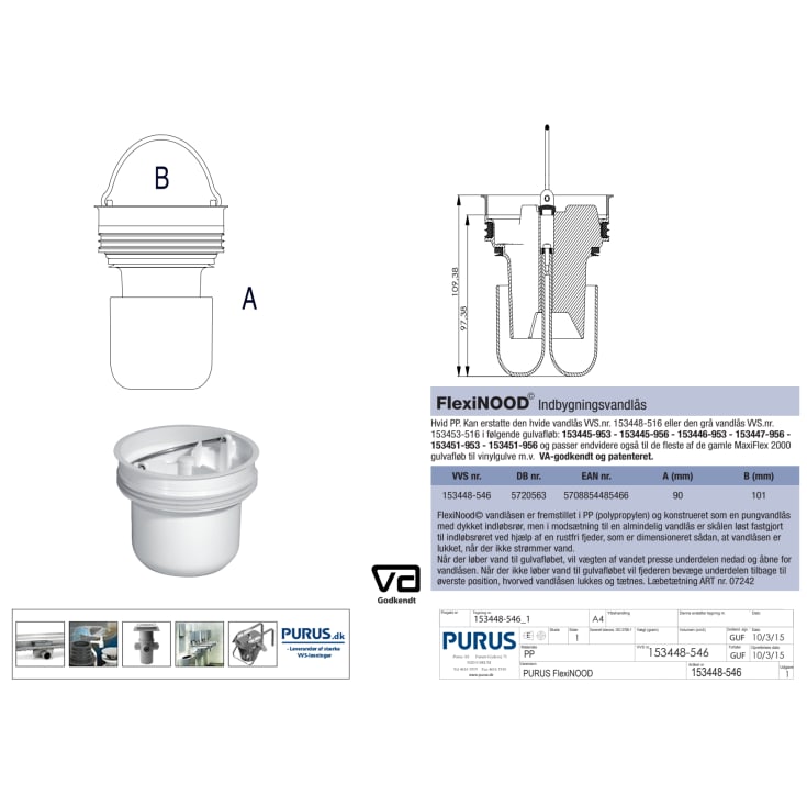 Purus Maxiflex Flexinood vandlås, lugt- og gasstop, hvid