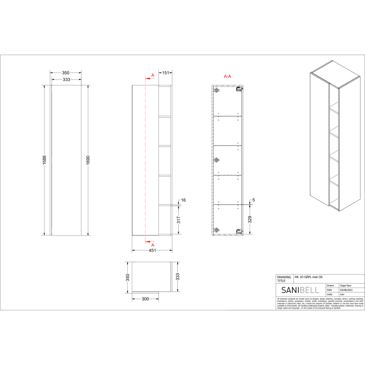 Sanibell Proline højskab, 45,5x169 cm, rå eg