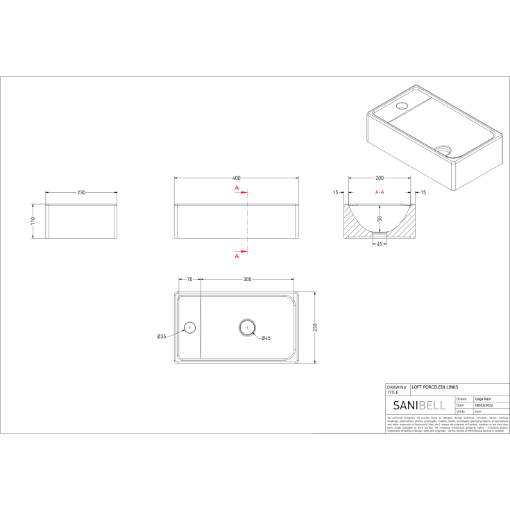 Sanibell Proline servant, 40x22,3 cm, venstre, hvit