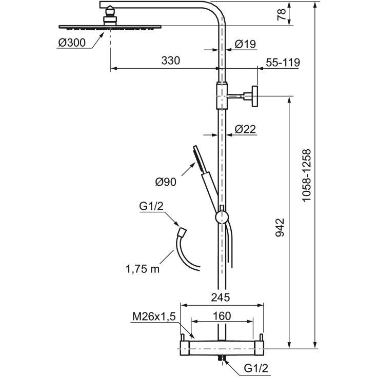 Mora Inxx II Shower System duschset, vattenbesparande polerad mässing
