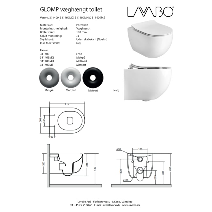 Lavabo Glomp væghængt toilet, uden skyllekant, mat grå