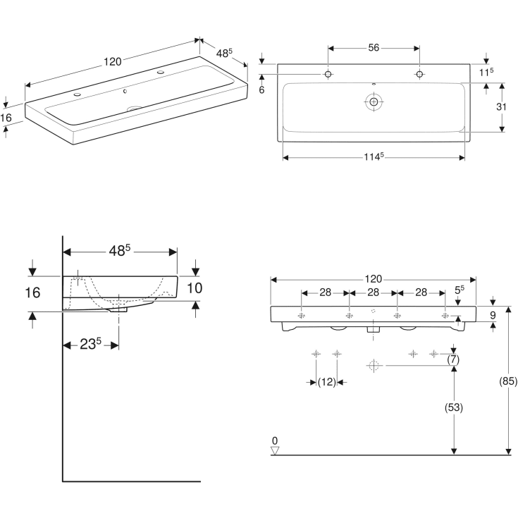 GEBERIT håndvask 1200x485x160mm 2hh m/overl  porcelæn KeraTect w