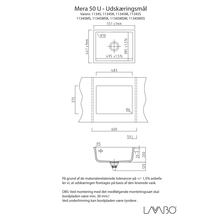 Lavabo Mera 50U kjøkkenvask, 55,1x44,1 cm, hvit