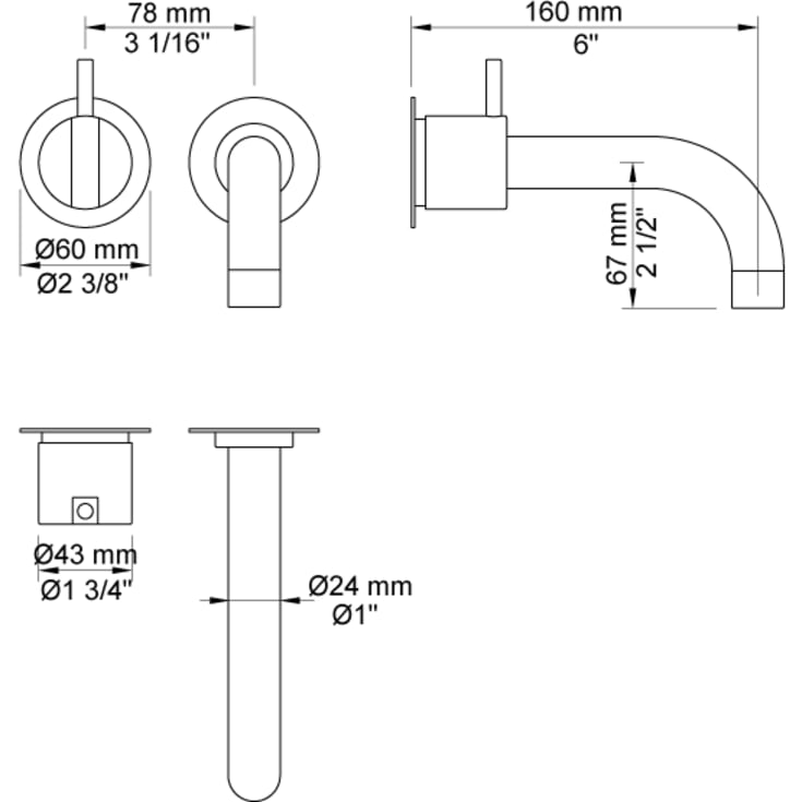Vola 2111C badekarbatteri, 160 mm tut, krom