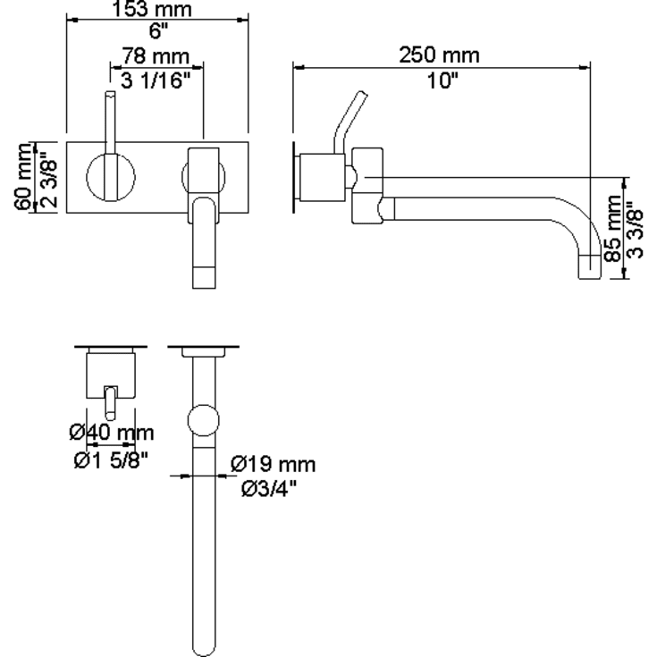 Vola 132M servant/kjøkkenbatteri for innbygging, 250 mm svingbar tut, medium grep, rustfritt stål