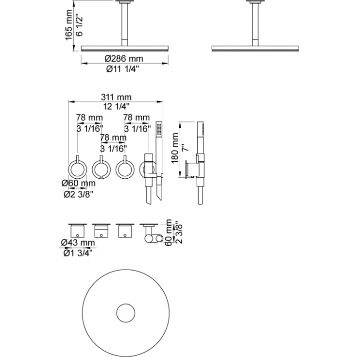 Vola 5471R-061A Dusjtermostat, med tak- og hånddusj, børstet krom