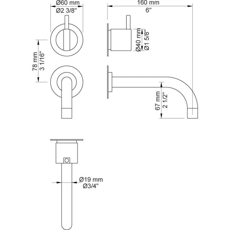 Vola 311 servantbatteri for innbygging, 160 mm tut, rustfritt stål