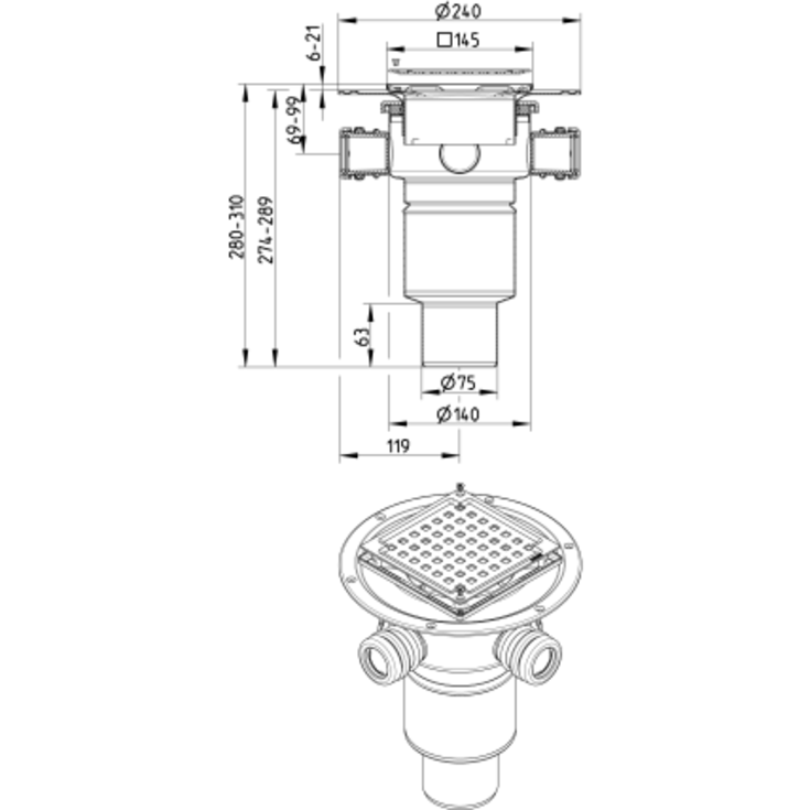 Blücher Square afløbsskål, til beton og flisegulv, Ø75 mm