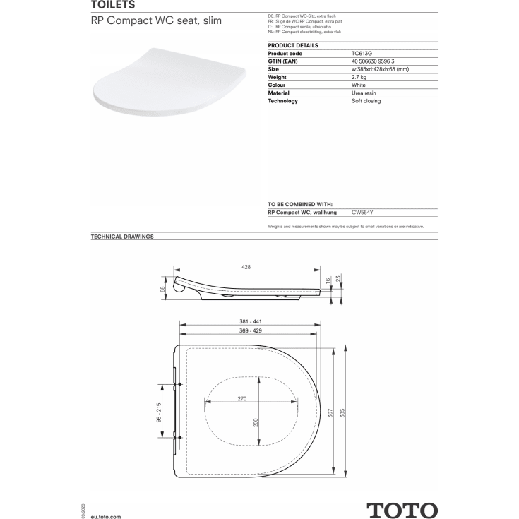 Toto RP Compact toalettsete, soft close, avtakbar, hvit