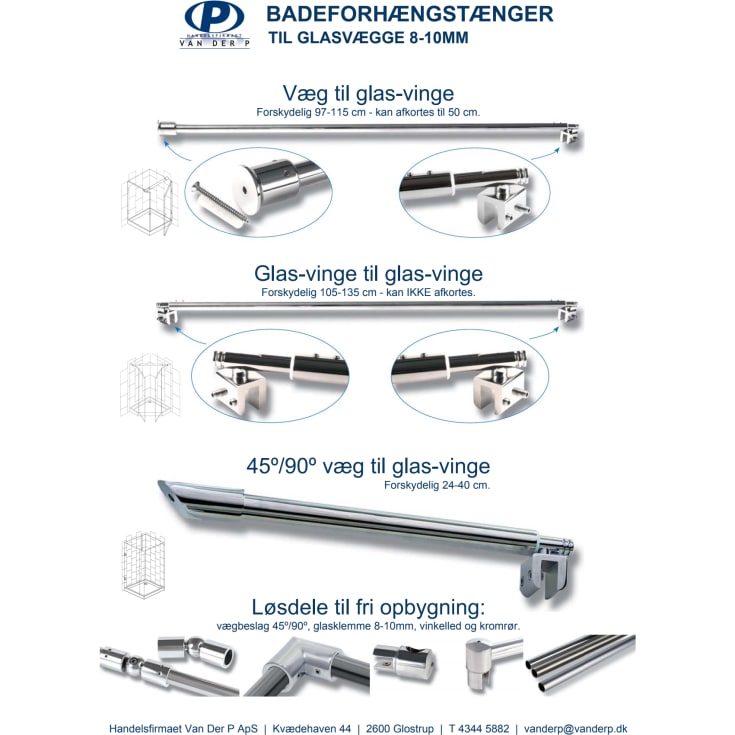 Van Der P badeforhængsstang, til glasvæg 105-135 cm, rustfrit stål